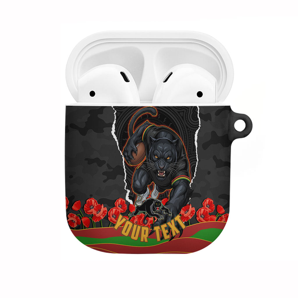Personalized Penrith Panthers ANZAC Tribute AirPods Case Poppy Field Soldier Silhouette Aboriginal Rugby Mascot