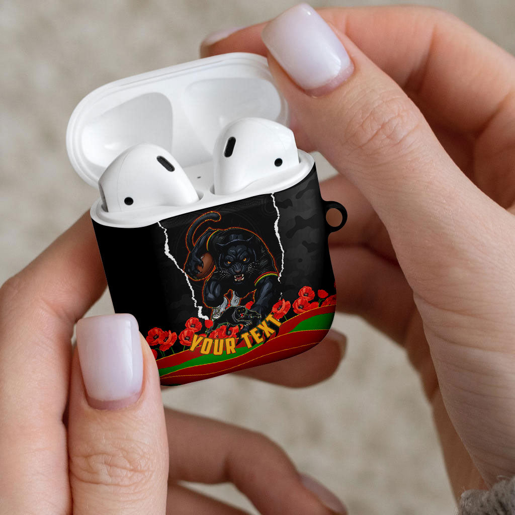 Personalized Penrith Panthers ANZAC Tribute AirPods Case Poppy Field Soldier Silhouette Aboriginal Rugby Mascot