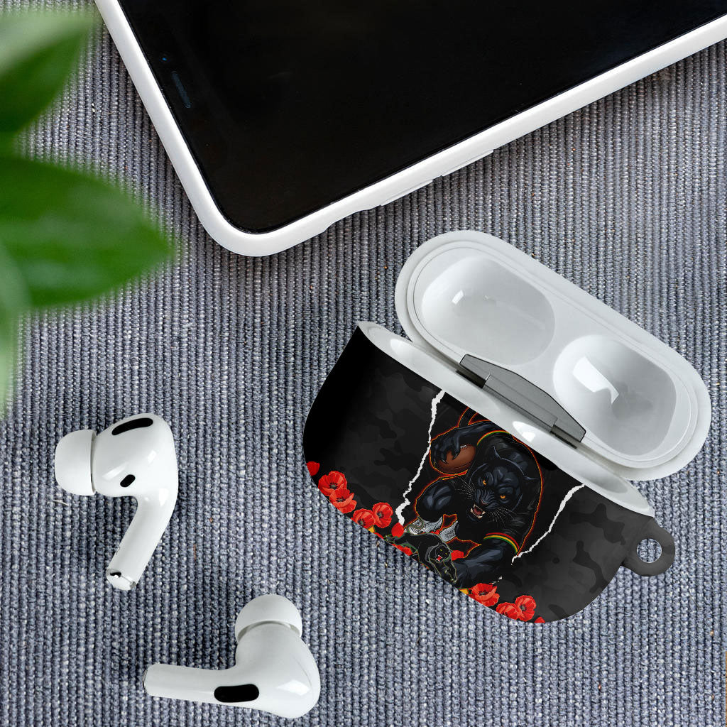 Personalized Penrith Panthers ANZAC Tribute AirPods Case Poppy Field Soldier Silhouette Aboriginal Rugby Mascot