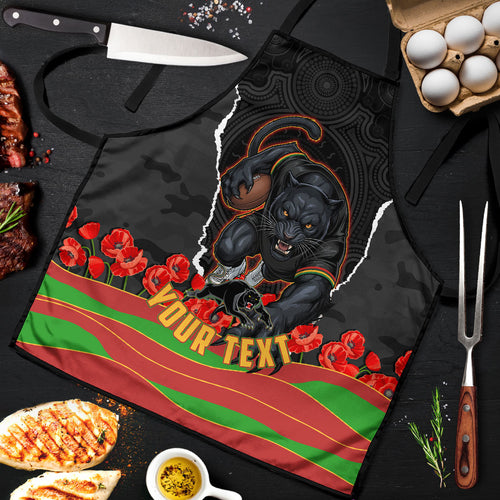 Personalized Penrith Panthers ANZAC Tribute Apron Poppy Field Soldier Silhouette Aboriginal Rugby Mascot