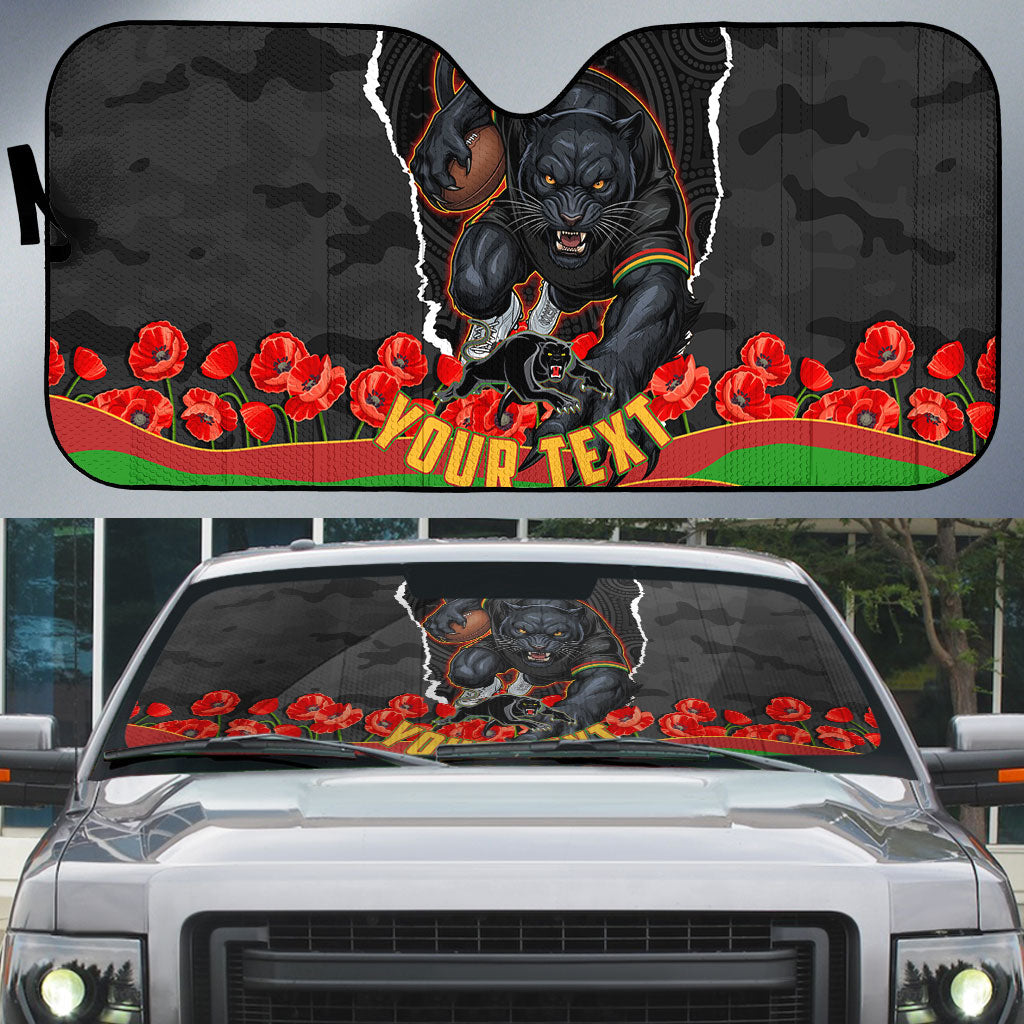 Personalized Penrith Panthers ANZAC Tribute Auto Sun Shade Poppy Field Soldier Silhouette Aboriginal Rugby Mascot