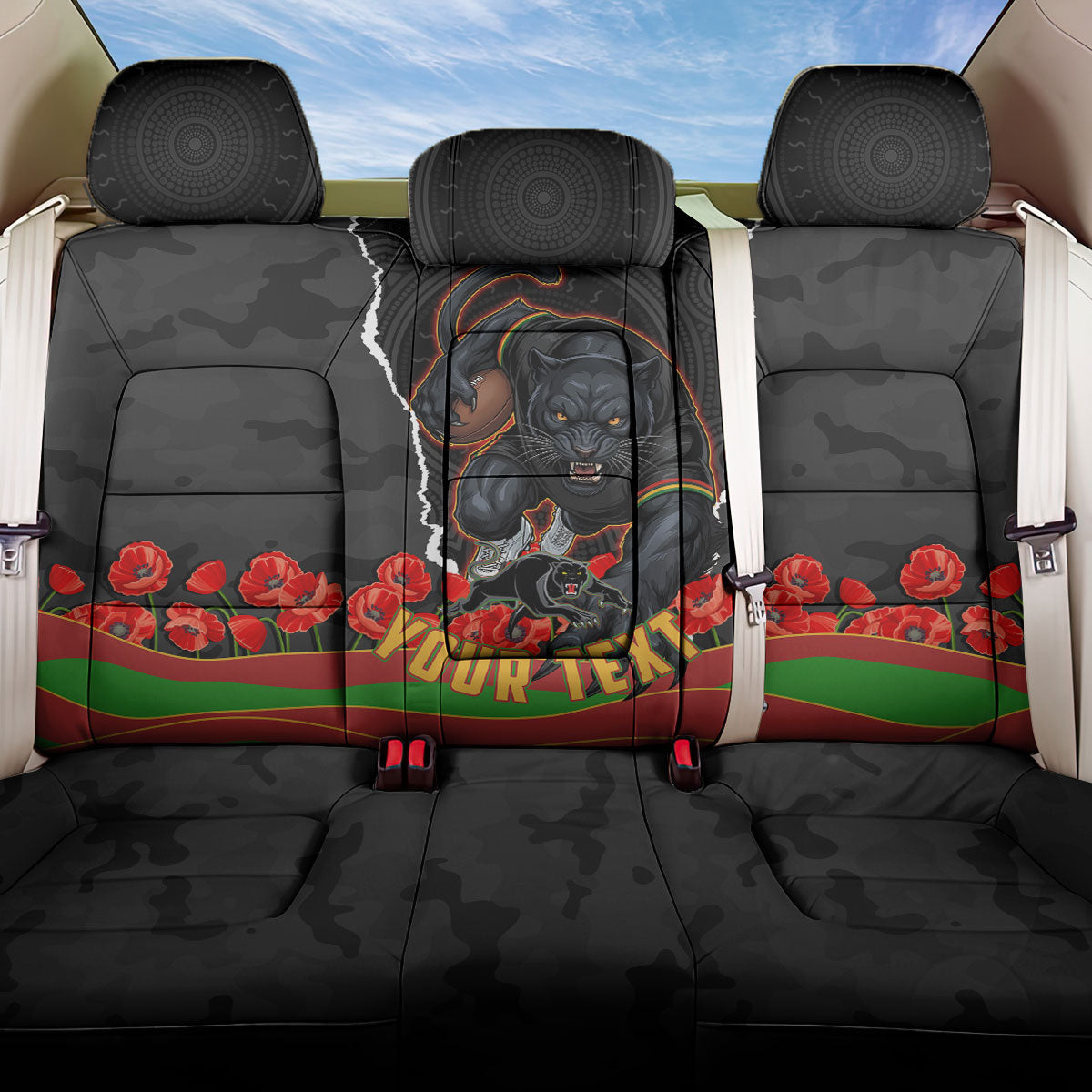Personalized Penrith Panthers ANZAC Tribute Back Car Seat Cover Poppy Field Soldier Silhouette Aboriginal Rugby Mascot