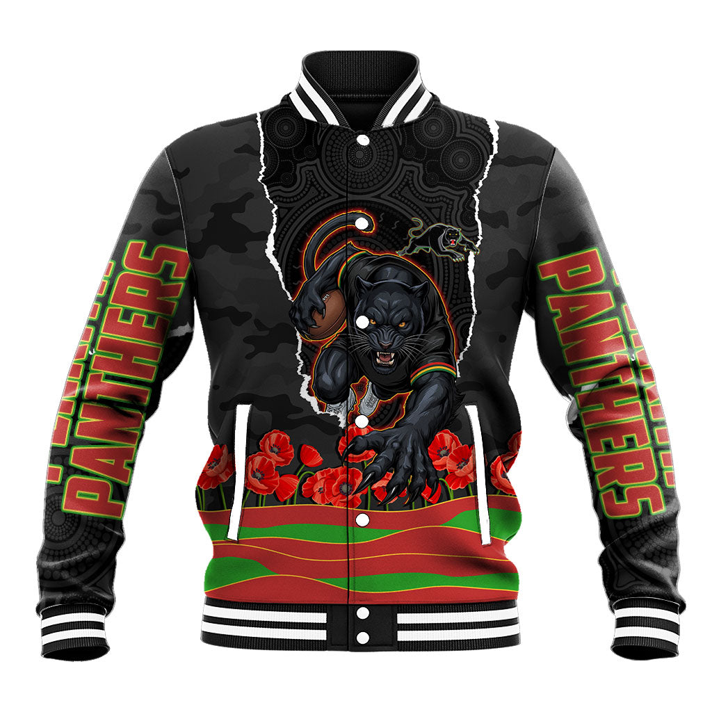 Personalized Penrith Panthers ANZAC Tribute Baseball Jacket Poppy Field Soldier Silhouette Aboriginal Rugby Mascot