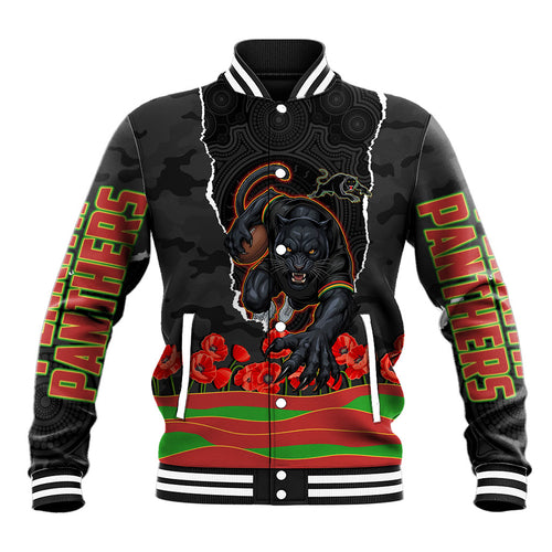 Personalized Penrith Panthers ANZAC Tribute Baseball Jacket Poppy Field Soldier Silhouette Aboriginal Rugby Mascot