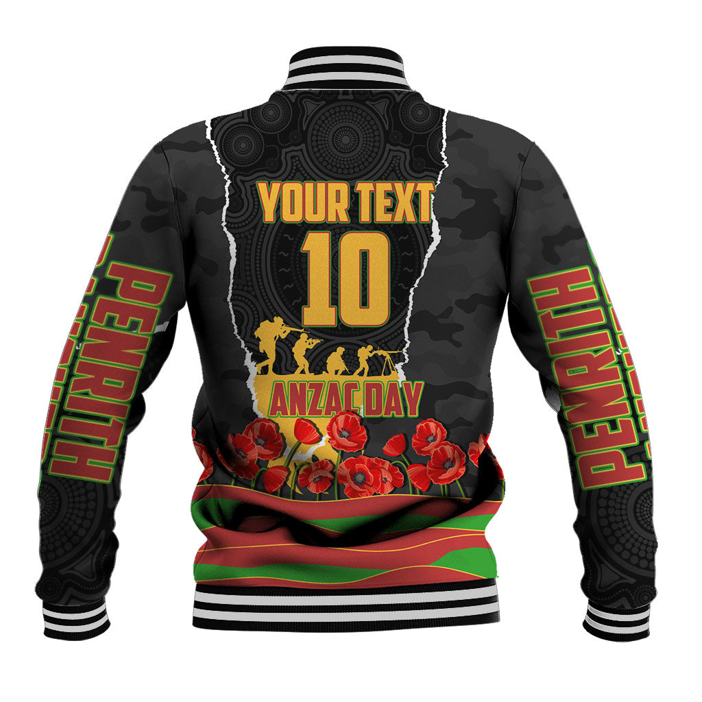 Personalized Penrith Panthers ANZAC Tribute Baseball Jacket Poppy Field Soldier Silhouette Aboriginal Rugby Mascot