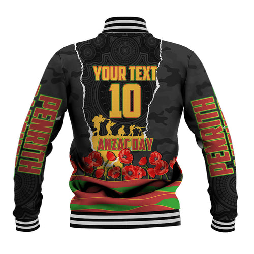 Personalized Penrith Panthers ANZAC Tribute Baseball Jacket Poppy Field Soldier Silhouette Aboriginal Rugby Mascot