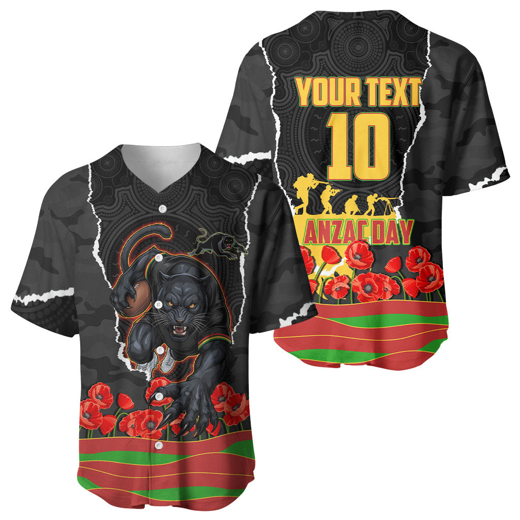 Personalized Penrith Panthers ANZAC Tribute Baseball Jersey Poppy Field Soldier Silhouette Aboriginal Rugby Mascot
