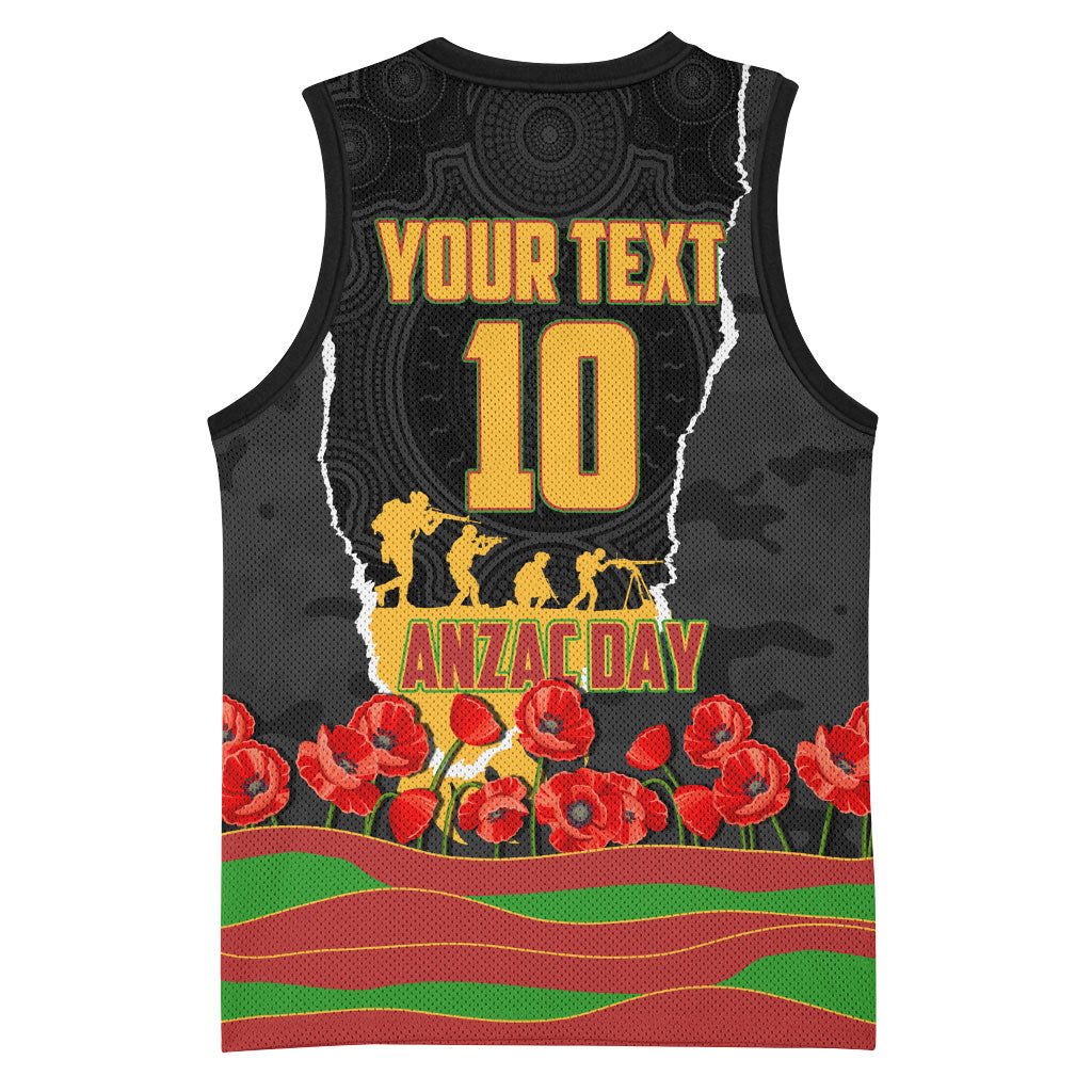 Personalized Penrith Panthers ANZAC Tribute Basketball Jersey Poppy Field Soldier Silhouette Aboriginal Rugby Mascot