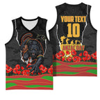 Personalized Penrith Panthers ANZAC Tribute Basketball Jersey Poppy Field Soldier Silhouette Aboriginal Rugby Mascot