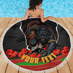 Personalized Penrith Panthers ANZAC Tribute Beach Blanket Poppy Field Soldier Silhouette Aboriginal Rugby Mascot