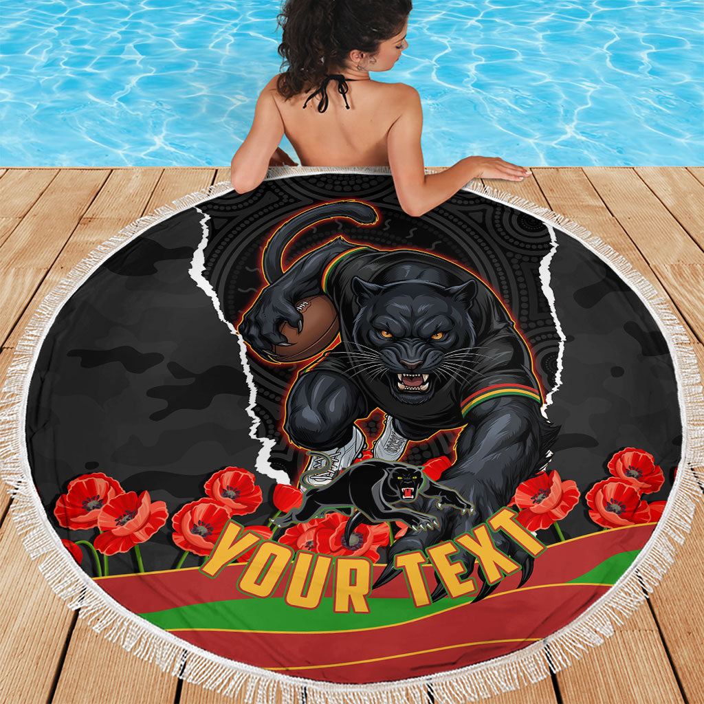 Personalized Penrith Panthers ANZAC Tribute Beach Blanket Poppy Field Soldier Silhouette Aboriginal Rugby Mascot