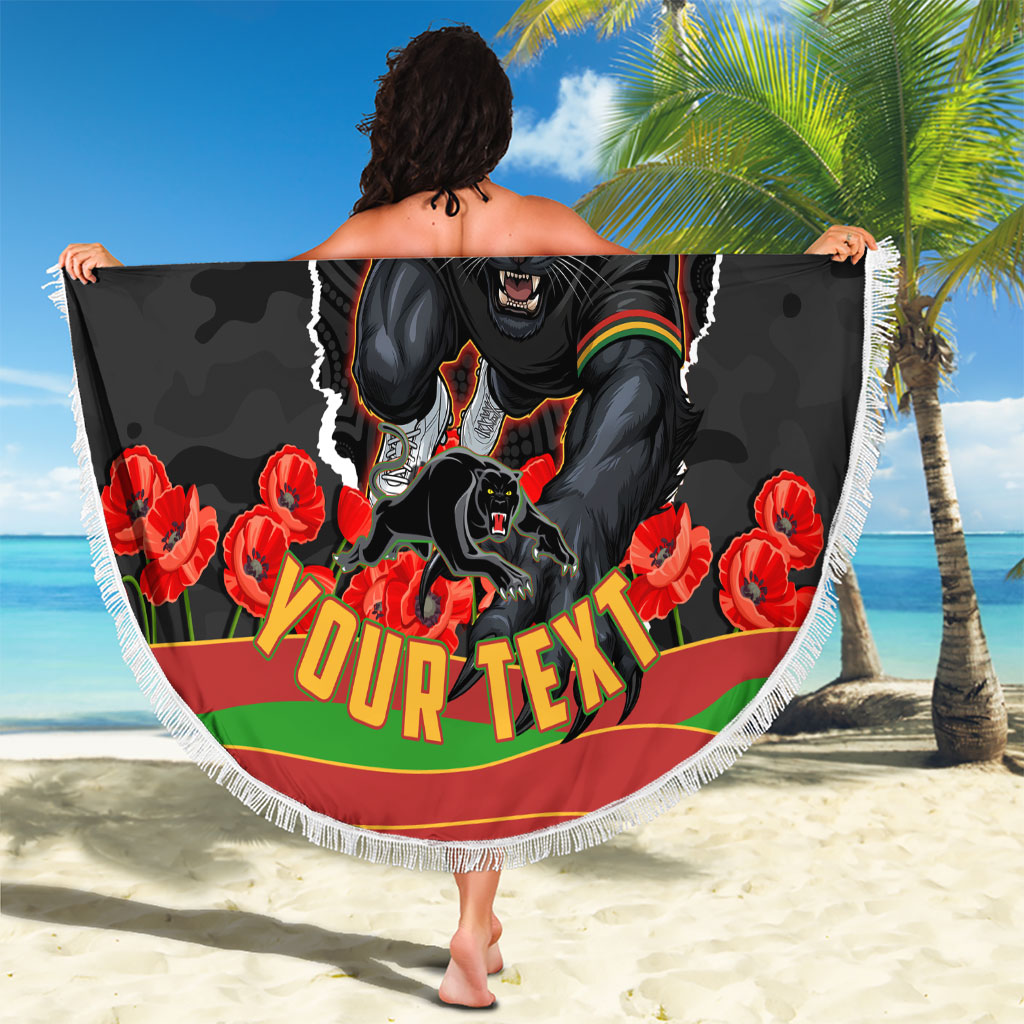 Personalized Penrith Panthers ANZAC Tribute Beach Blanket Poppy Field Soldier Silhouette Aboriginal Rugby Mascot
