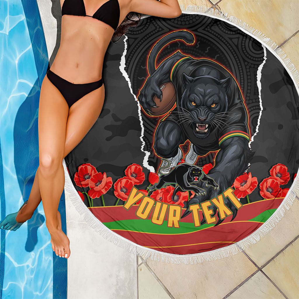 Personalized Penrith Panthers ANZAC Tribute Beach Blanket Poppy Field Soldier Silhouette Aboriginal Rugby Mascot
