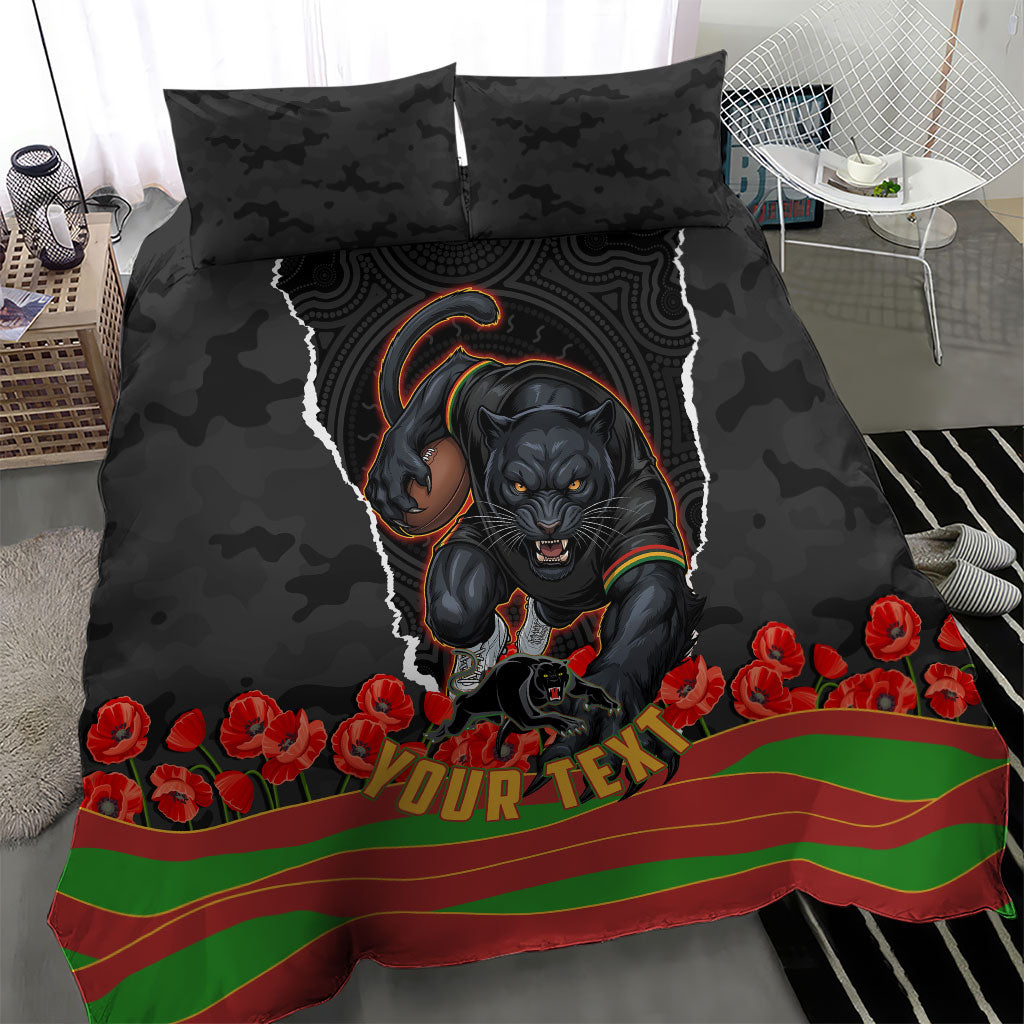Personalized Penrith Panthers ANZAC Tribute Bedding Set Poppy Field Soldier Silhouette Aboriginal Rugby Mascot