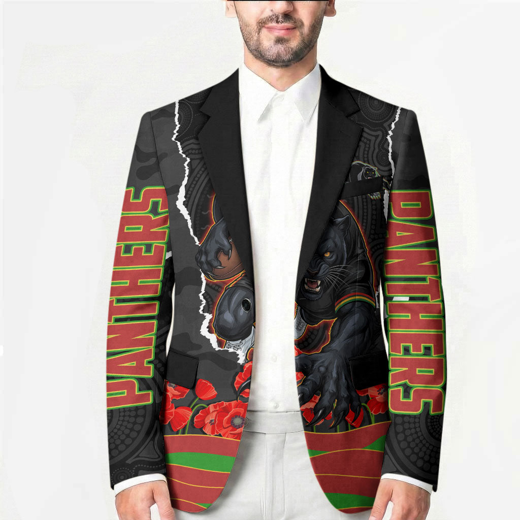 Personalized Penrith Panthers ANZAC Tribute Blazer Poppy Field Soldier Silhouette Aboriginal Rugby Mascot
