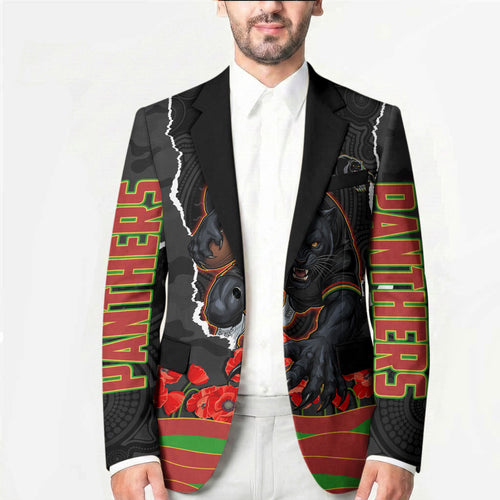 Personalized Penrith Panthers ANZAC Tribute Blazer Poppy Field Soldier Silhouette Aboriginal Rugby Mascot