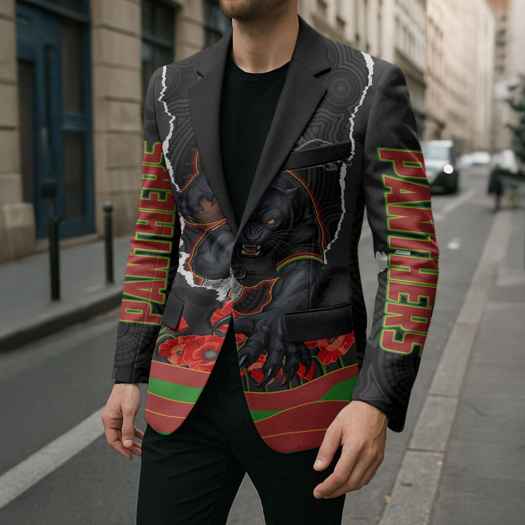 Personalized Penrith Panthers ANZAC Tribute Blazer Poppy Field Soldier Silhouette Aboriginal Rugby Mascot