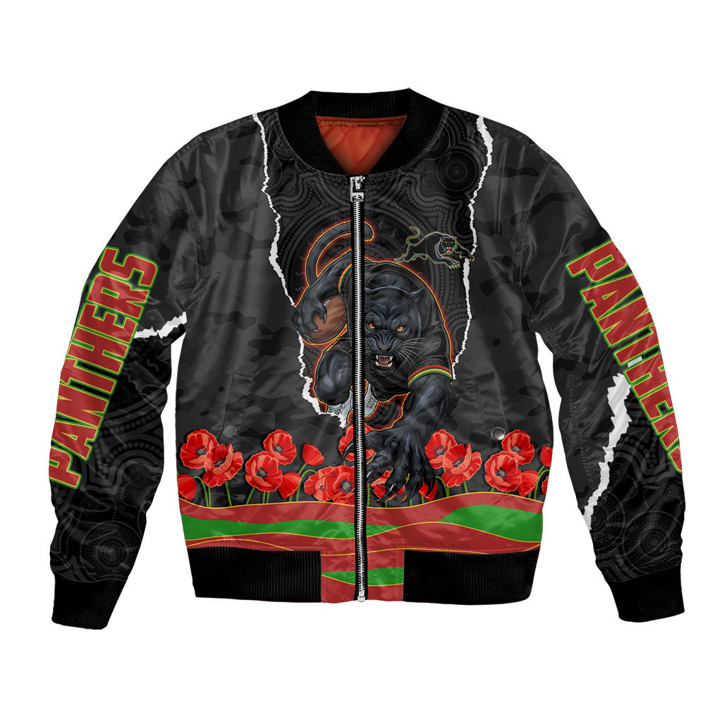 Personalized Penrith Panthers ANZAC Tribute Bomber Jacket Poppy Field Soldier Silhouette Aboriginal Rugby Mascot