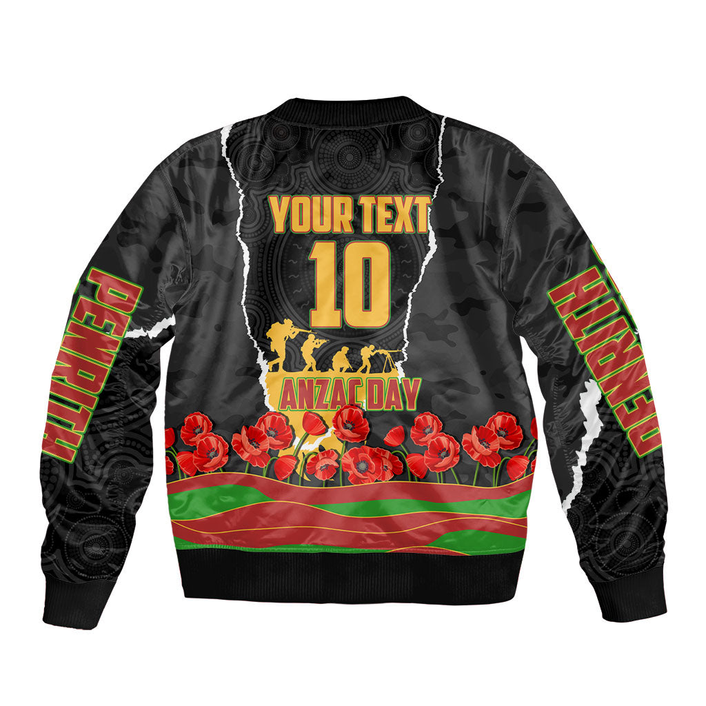 Personalized Penrith Panthers ANZAC Tribute Bomber Jacket Poppy Field Soldier Silhouette Aboriginal Rugby Mascot