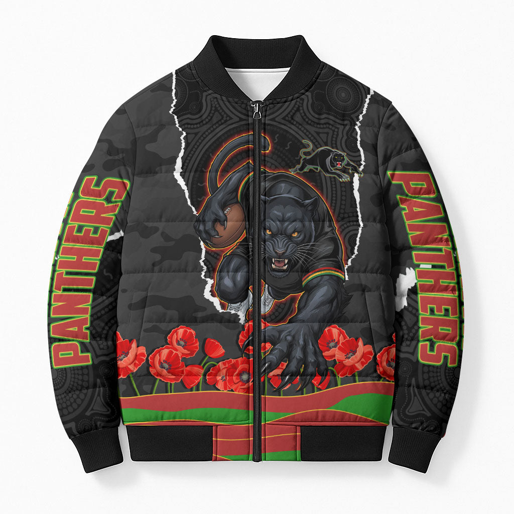 Personalized Penrith Panthers ANZAC Tribute Bomber Puffer Jacket Poppy Field Soldier Silhouette Aboriginal Rugby Mascot