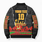 Personalized Penrith Panthers ANZAC Tribute Bomber Puffer Jacket Poppy Field Soldier Silhouette Aboriginal Rugby Mascot