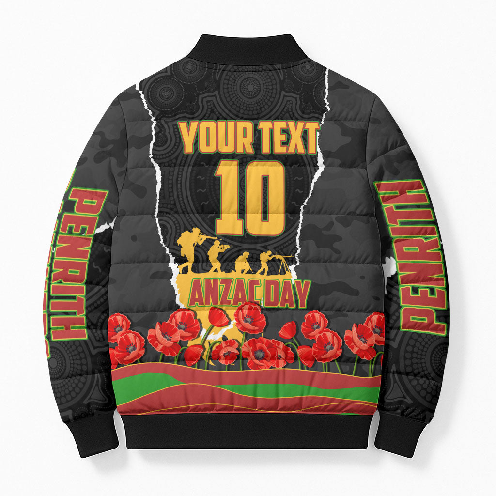 Personalized Penrith Panthers ANZAC Tribute Bomber Puffer Jacket Poppy Field Soldier Silhouette Aboriginal Rugby Mascot