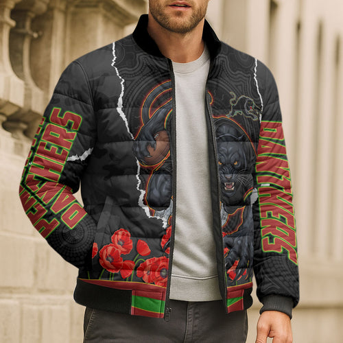 Personalized Penrith Panthers ANZAC Tribute Bomber Puffer Jacket Poppy Field Soldier Silhouette Aboriginal Rugby Mascot