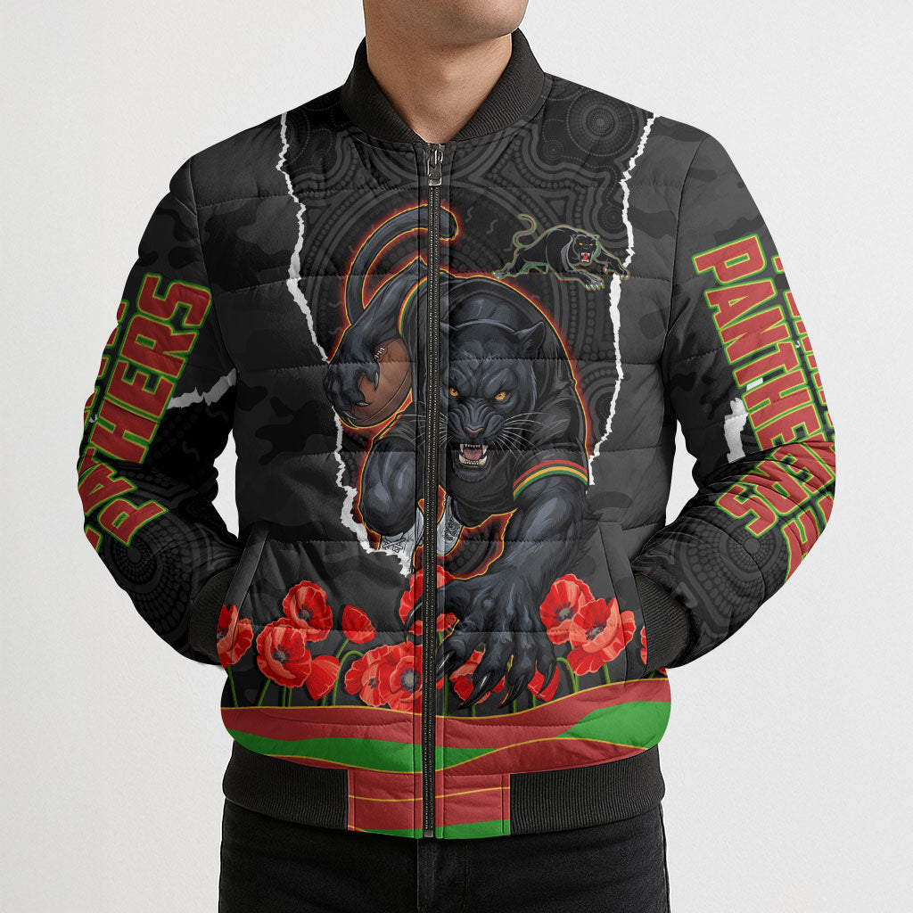 Personalized Penrith Panthers ANZAC Tribute Bomber Puffer Jacket Poppy Field Soldier Silhouette Aboriginal Rugby Mascot