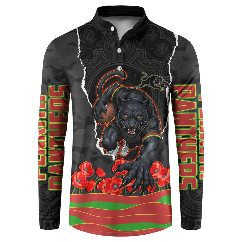 Personalized Penrith Panthers ANZAC Tribute Button Sweatshirt Poppy Field Soldier Silhouette Aboriginal Rugby Mascot