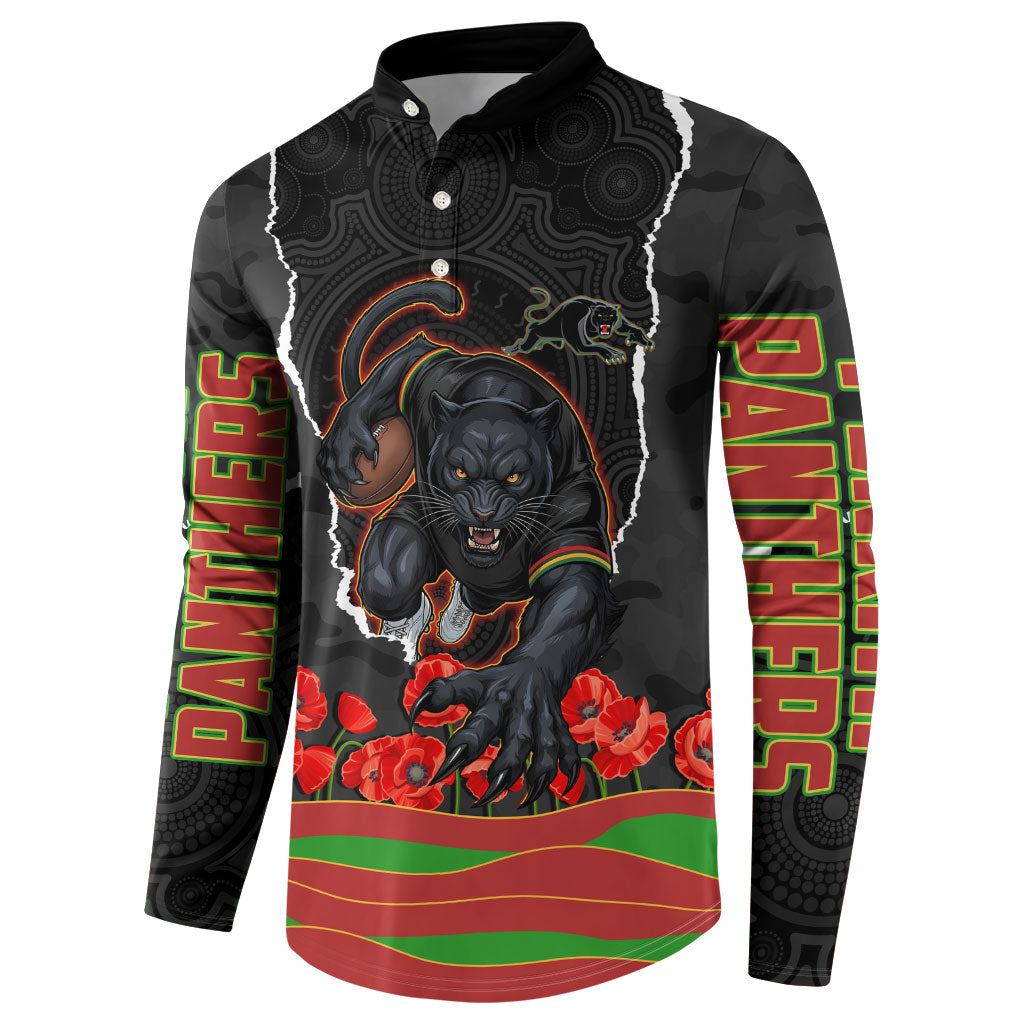 Personalized Penrith Panthers ANZAC Tribute Button Sweatshirt Poppy Field Soldier Silhouette Aboriginal Rugby Mascot