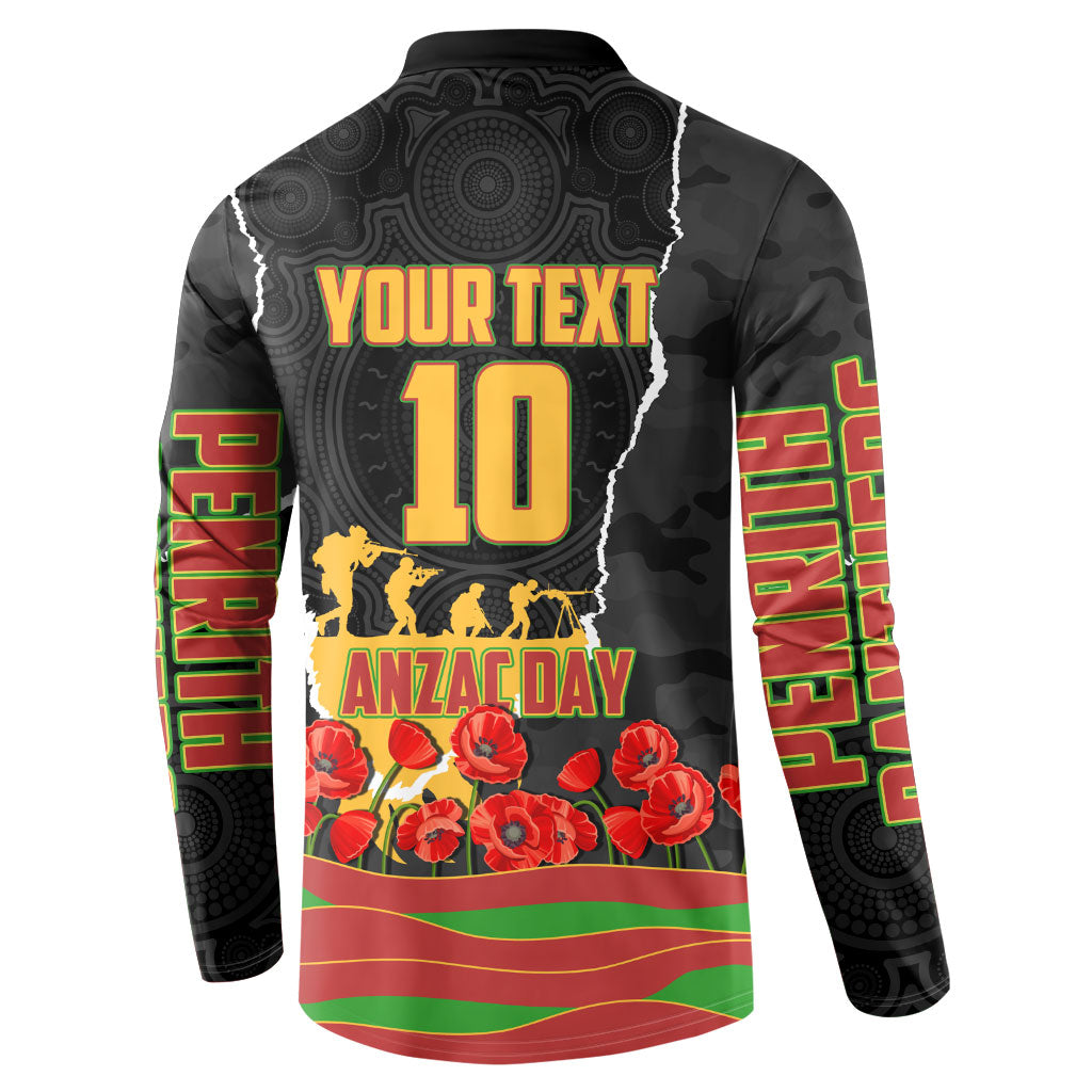 Personalized Penrith Panthers ANZAC Tribute Button Sweatshirt Poppy Field Soldier Silhouette Aboriginal Rugby Mascot