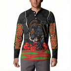 Personalized Penrith Panthers ANZAC Tribute Button Sweatshirt Poppy Field Soldier Silhouette Aboriginal Rugby Mascot