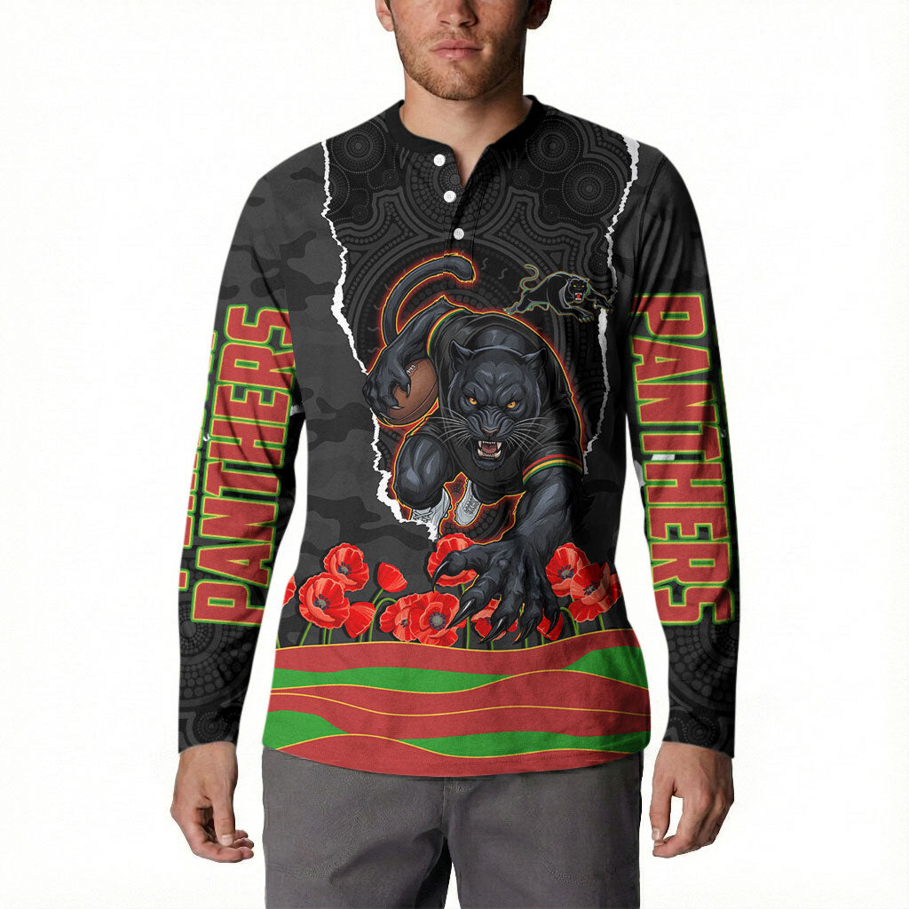 Personalized Penrith Panthers ANZAC Tribute Button Sweatshirt Poppy Field Soldier Silhouette Aboriginal Rugby Mascot