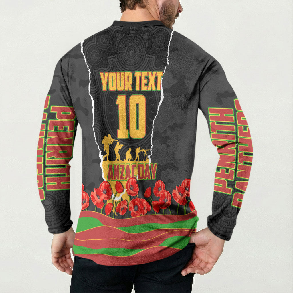 Personalized Penrith Panthers ANZAC Tribute Button Sweatshirt Poppy Field Soldier Silhouette Aboriginal Rugby Mascot