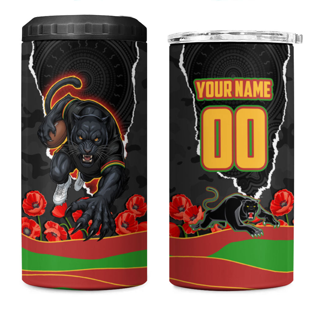 Personalized Penrith Panthers ANZAC Tribute 4 in 1 Can Cooler Tumbler Poppy Field Soldier Silhouette Aboriginal Rugby Mascot