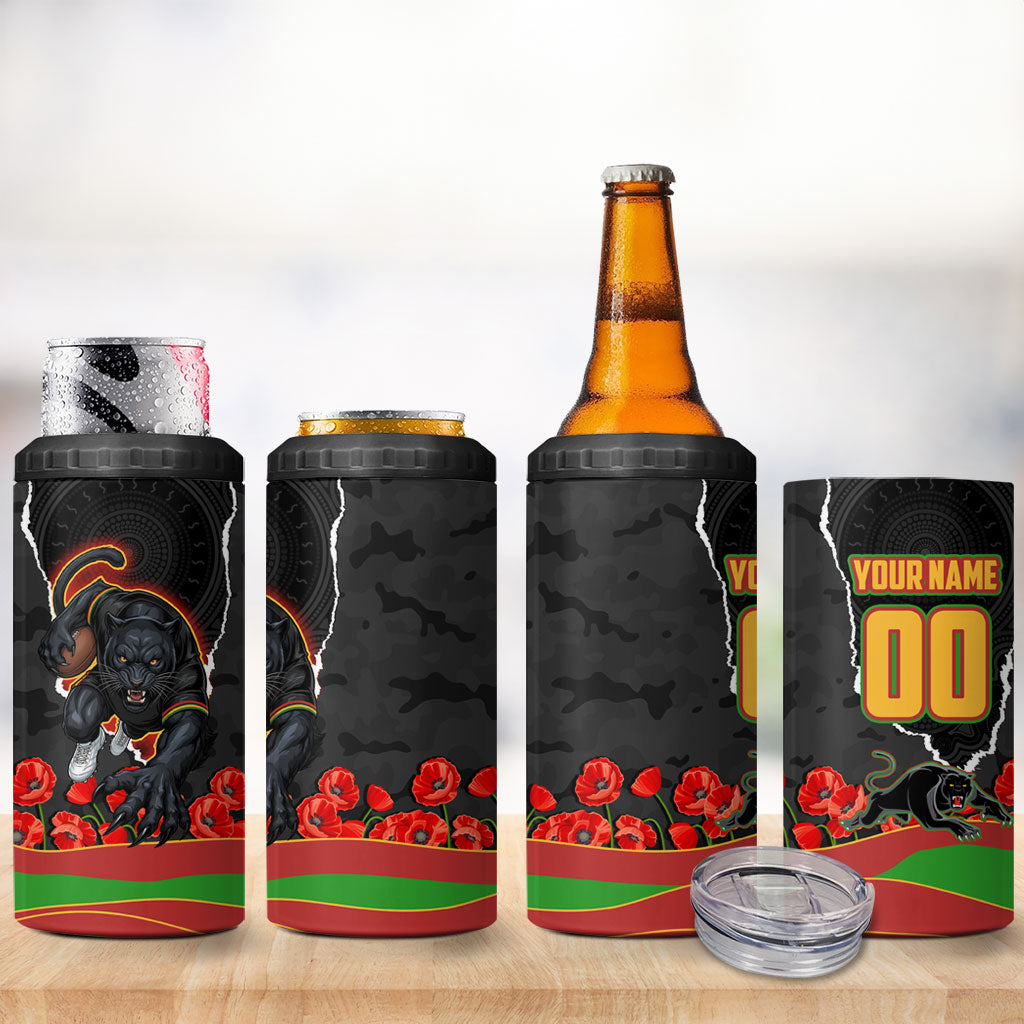 Personalized Penrith Panthers ANZAC Tribute 4 in 1 Can Cooler Tumbler Poppy Field Soldier Silhouette Aboriginal Rugby Mascot