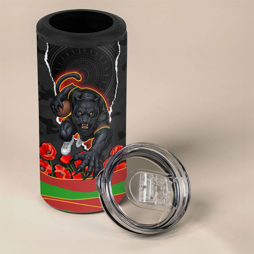 Personalized Penrith Panthers ANZAC Tribute 4 in 1 Can Cooler Tumbler Poppy Field Soldier Silhouette Aboriginal Rugby Mascot