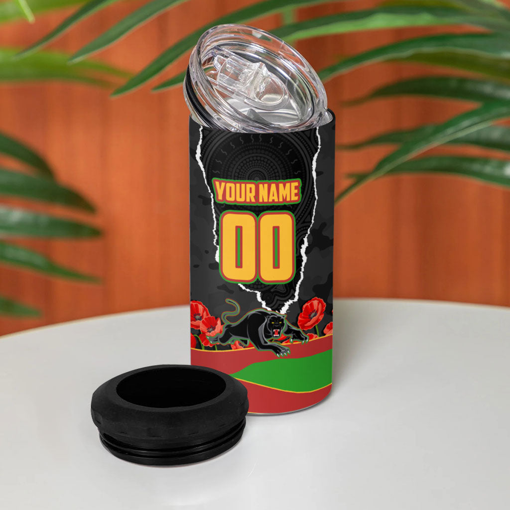 Personalized Penrith Panthers ANZAC Tribute 4 in 1 Can Cooler Tumbler Poppy Field Soldier Silhouette Aboriginal Rugby Mascot