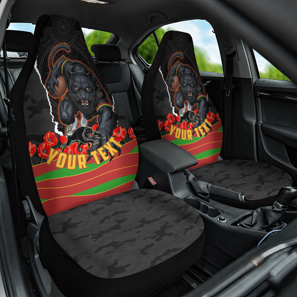 Personalized Penrith Panthers ANZAC Tribute Car Seat Cover Poppy Field Soldier Silhouette Aboriginal Rugby Mascot