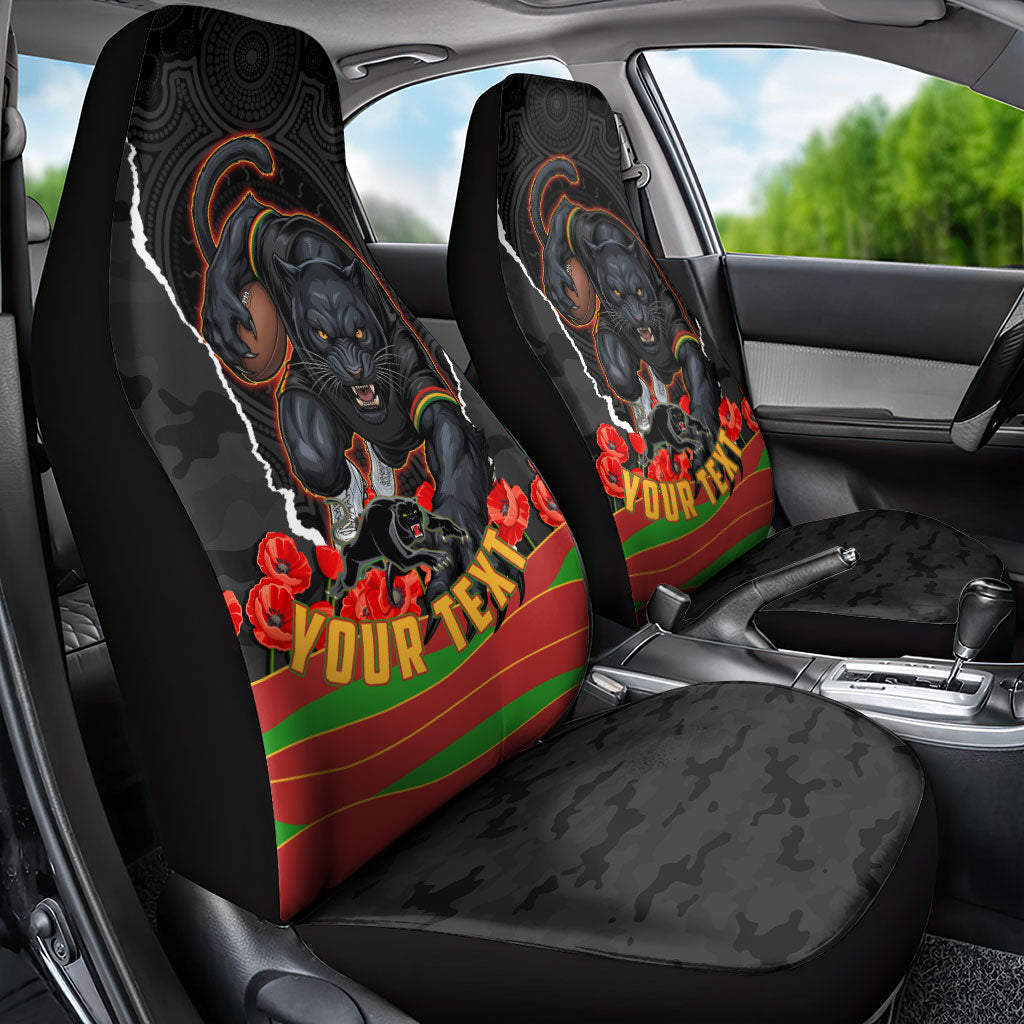 Personalized Penrith Panthers ANZAC Tribute Car Seat Cover Poppy Field Soldier Silhouette Aboriginal Rugby Mascot