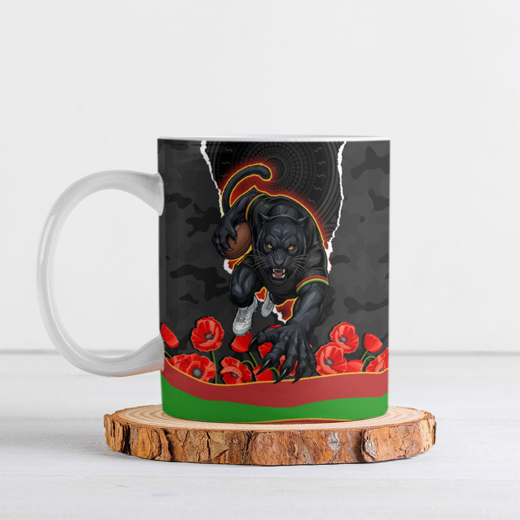 Personalized Penrith Panthers ANZAC Tribute Ceramic Mug Poppy Field Soldier Silhouette Aboriginal Rugby Mascot