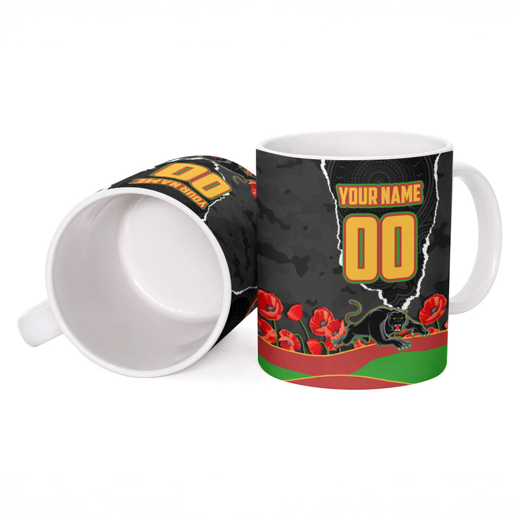 Personalized Penrith Panthers ANZAC Tribute Ceramic Mug Poppy Field Soldier Silhouette Aboriginal Rugby Mascot