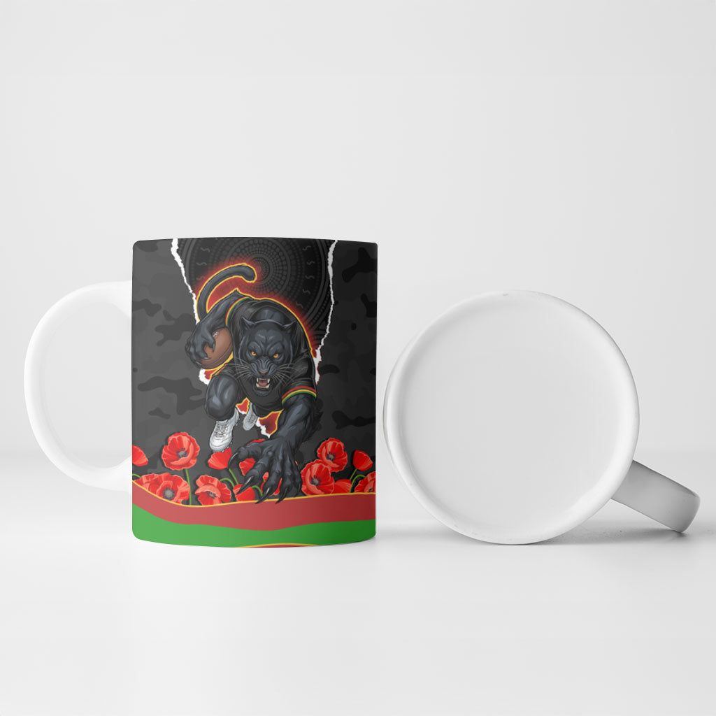 Personalized Penrith Panthers ANZAC Tribute Ceramic Mug Poppy Field Soldier Silhouette Aboriginal Rugby Mascot