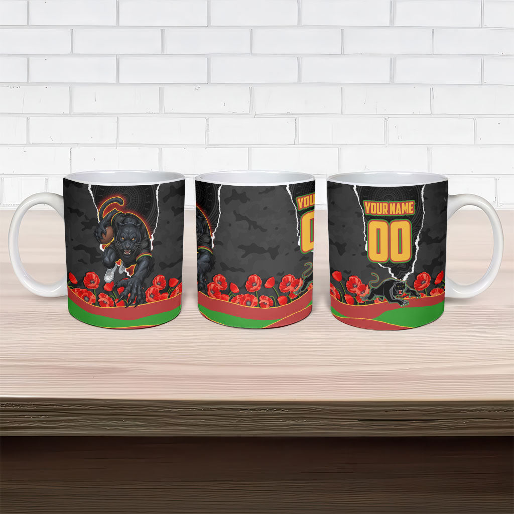 Personalized Penrith Panthers ANZAC Tribute Ceramic Mug Poppy Field Soldier Silhouette Aboriginal Rugby Mascot