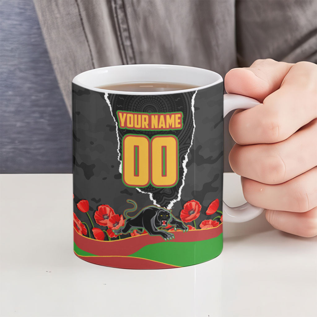 Personalized Penrith Panthers ANZAC Tribute Ceramic Mug Poppy Field Soldier Silhouette Aboriginal Rugby Mascot