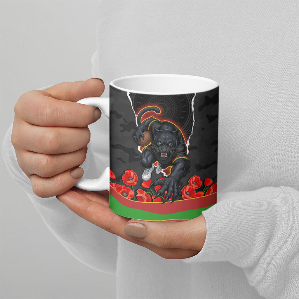 Personalized Penrith Panthers ANZAC Tribute Ceramic Mug Poppy Field Soldier Silhouette Aboriginal Rugby Mascot