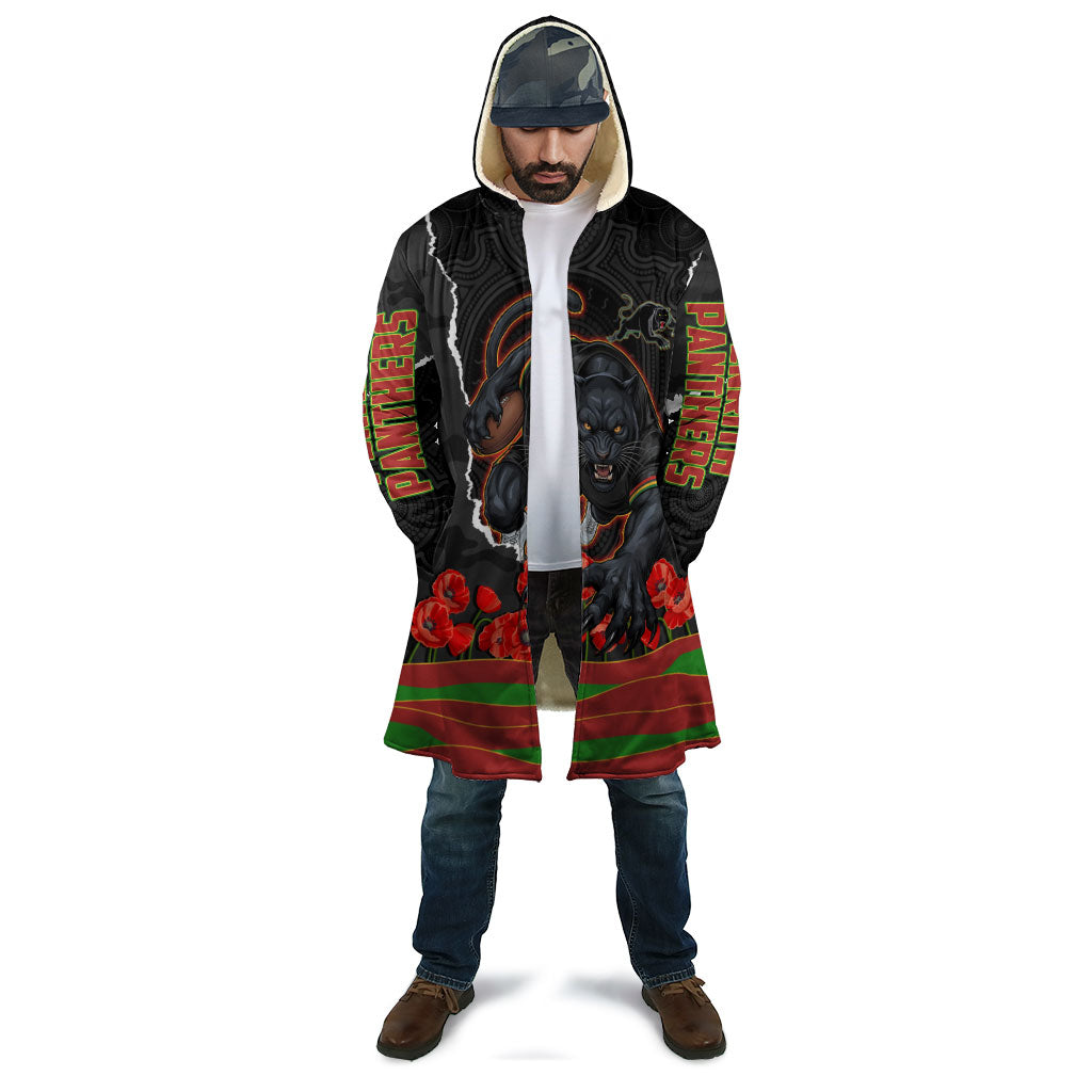 Personalized Penrith Panthers ANZAC Tribute Cloak Poppy Field Soldier Silhouette Aboriginal Rugby Mascot