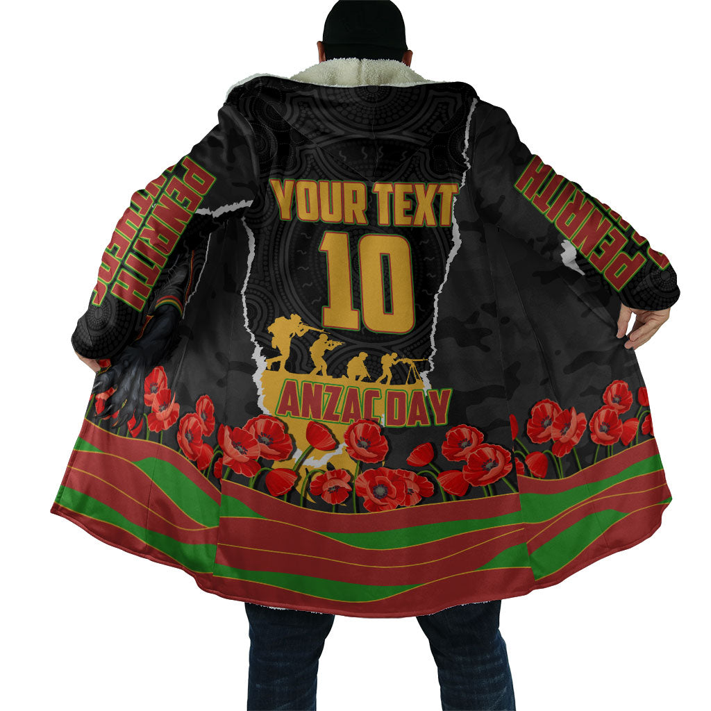 Personalized Penrith Panthers ANZAC Tribute Cloak Poppy Field Soldier Silhouette Aboriginal Rugby Mascot