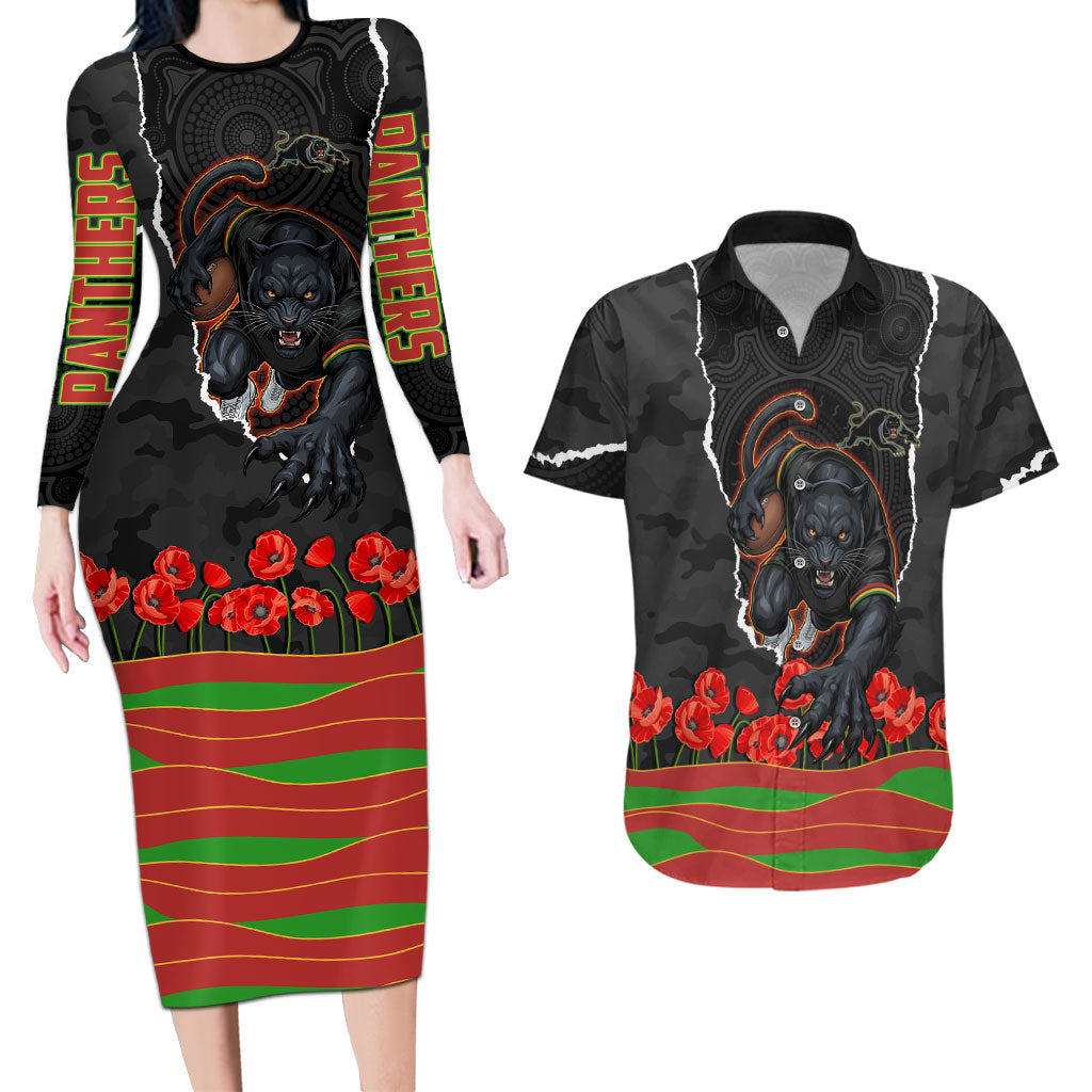 Personalized Penrith Panthers ANZAC Tribute Couples Matching Long Sleeve Bodycon Dress and Hawaiian Shirt Poppy Field Soldier Silhouette Aboriginal Rugby Mascot