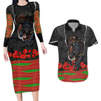 Personalized Penrith Panthers ANZAC Tribute Couples Matching Long Sleeve Bodycon Dress and Hawaiian Shirt Poppy Field Soldier Silhouette Aboriginal Rugby Mascot